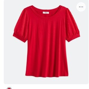 Beacon Red Short Sleeve Knit Top with Puff Sleeves